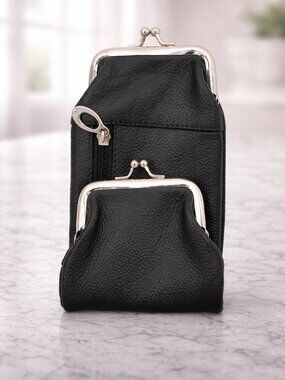 Women Genuine Leather Clutch Coin Purse, Black, BUY 2 GET 1 FREE